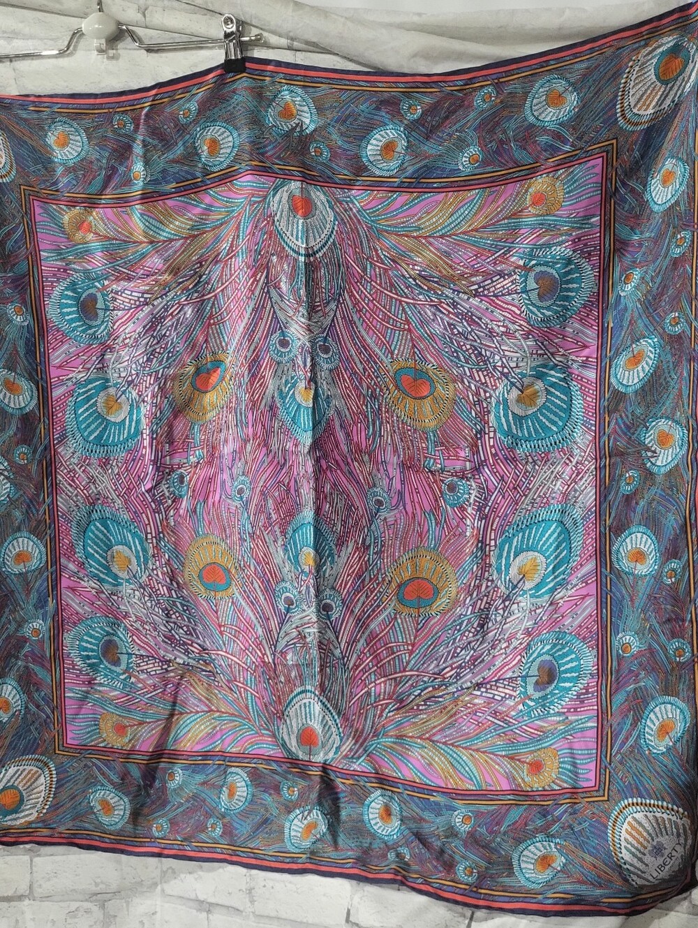 Liberty Of London Vibrant Peacock Feather Print Silk Scarf - Pink & Teal